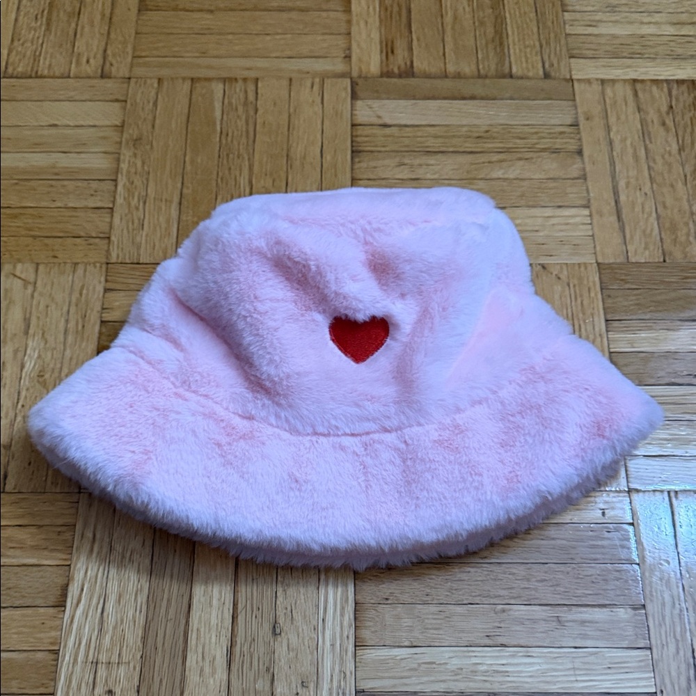 Claire's Pink Fuzzy Bucket Hat with Red Heart